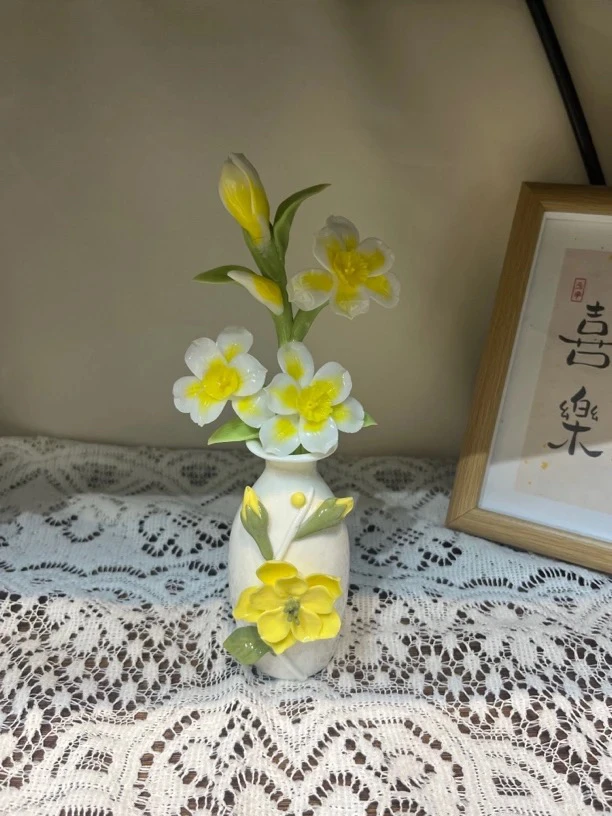 高端精致圆形网红轻奢纯手工日式水仙套组钩花家用高级陶瓷花瓶