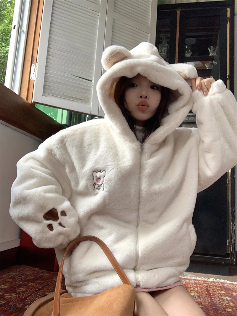 【1号方方】双面穿兔耳朵时尚休闲情侣连帽加绒毛毛衣加厚保暖棉袄