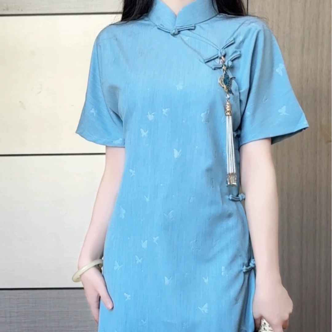 《云轻袅袅》自带书卷气蓝色全开襟古法旗袍气质显瘦夏季少女 长130