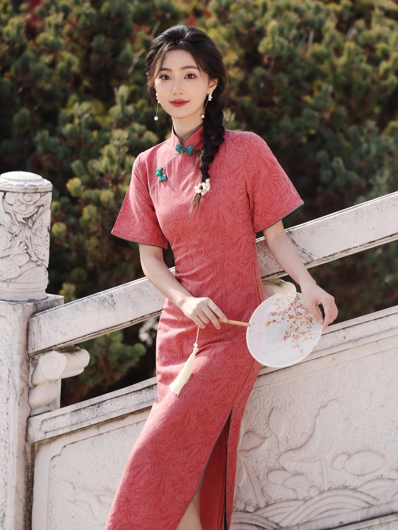 胭脂色  修身显白中国风春夏旗袍绿色复古日常夏季少女