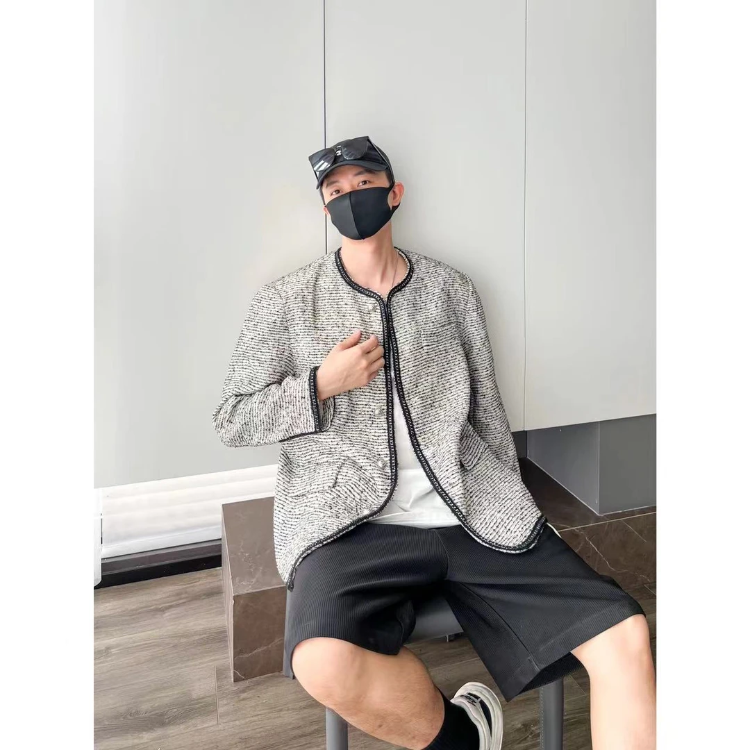 大圣圣 品质小香风外套男秋季潮流个性织带镶边无领夹克MF10811