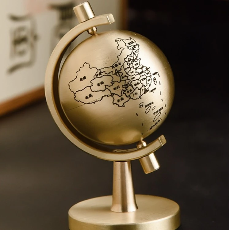 全铜地球仪旋转手把件转好运卧室办公室桌面装饰茶宠黄铜小摆件