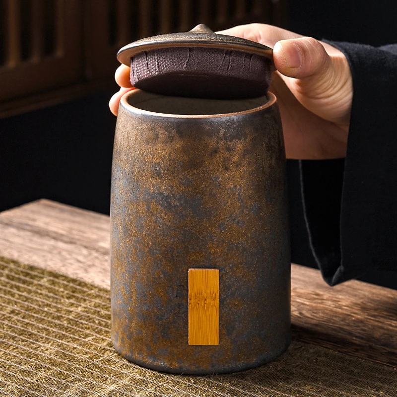 复古鎏金茶叶罐家用陶瓷大号普洱储存罐粗陶密封罐通用防潮散茶罐