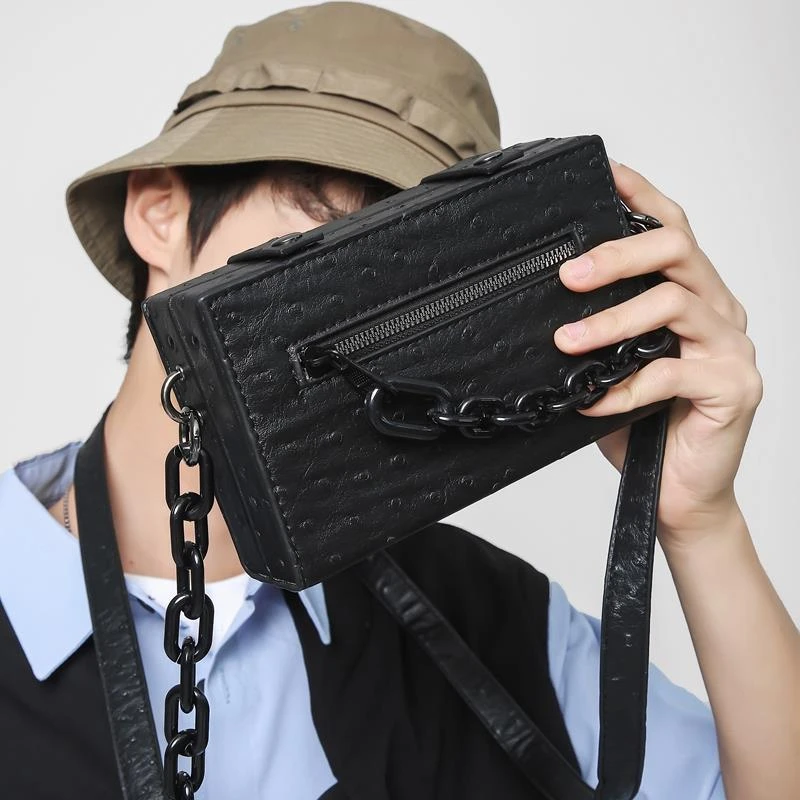 探屿盒子包男生挎包多功能高级斜挎包男休闲时尚小方包女生单肩包