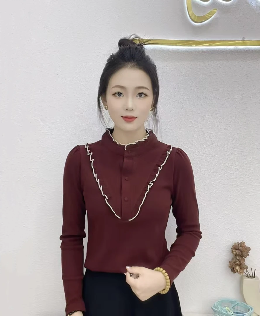 秋冬2024新款木耳边领上衣长袖时尚减龄显瘦百搭打底小衫