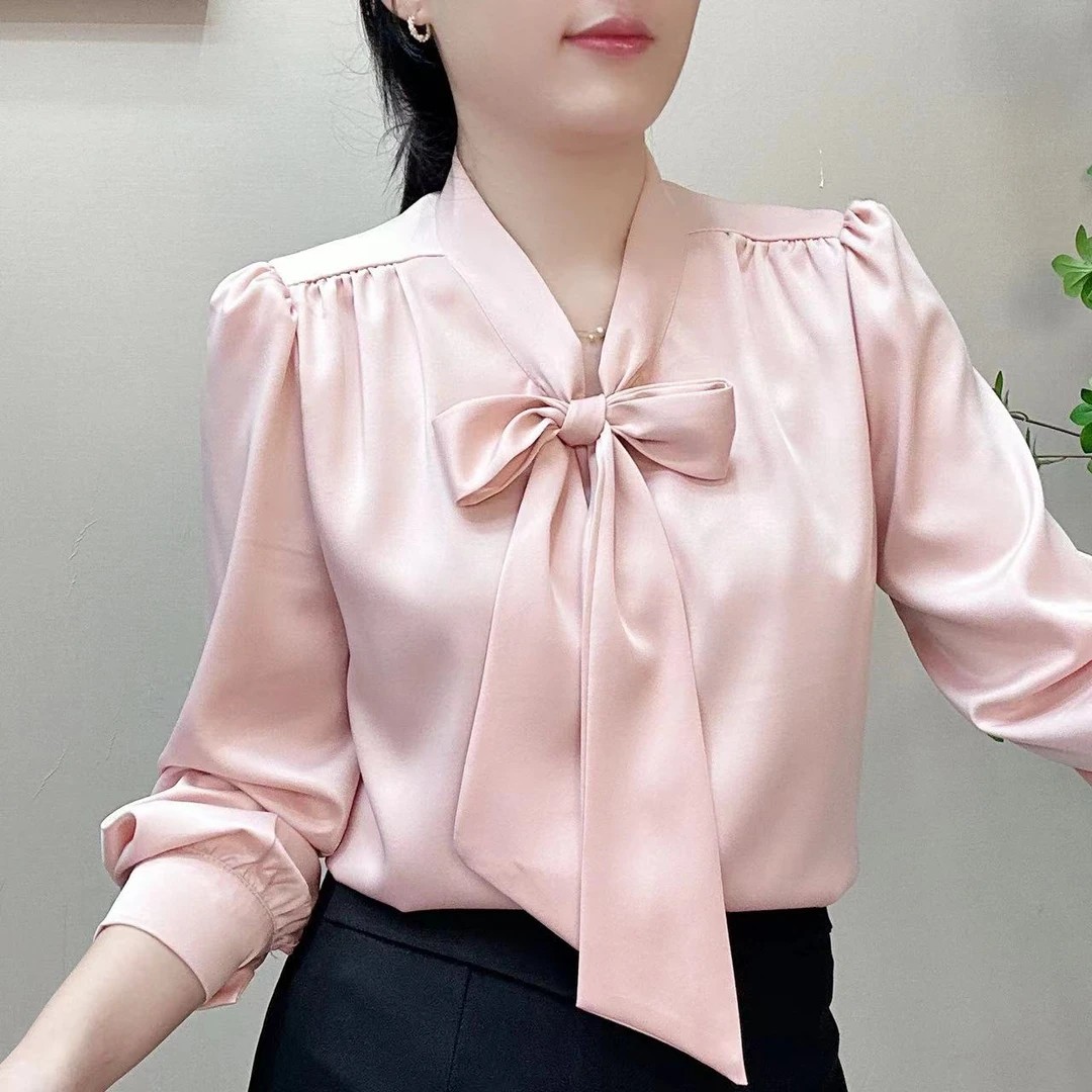 2025新款缎面衬衫法式蝴蝶结设计简约轻职普宁衬衫2025新款