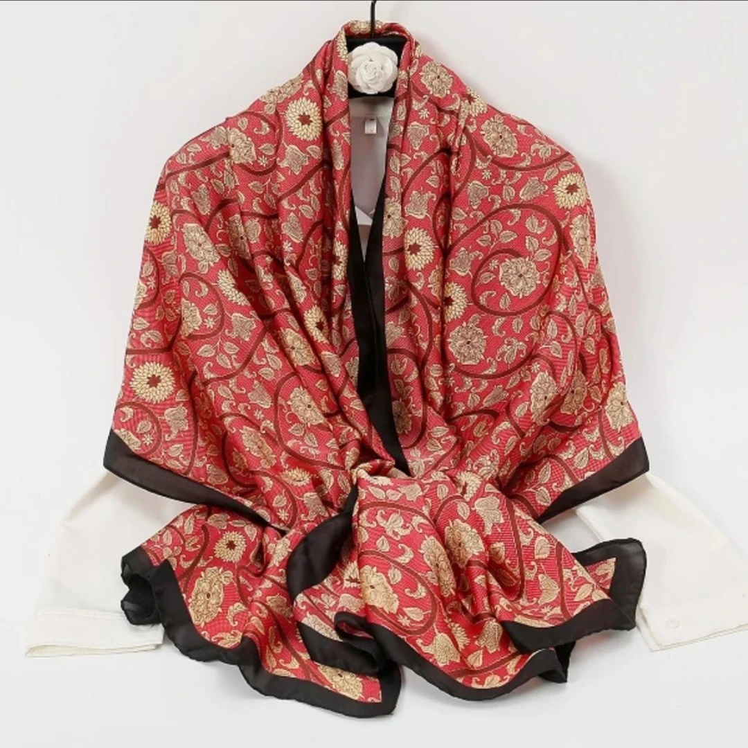 AA705丽景缎80*180高档气质大丝巾百搭时尚印花长巾-法式波点红