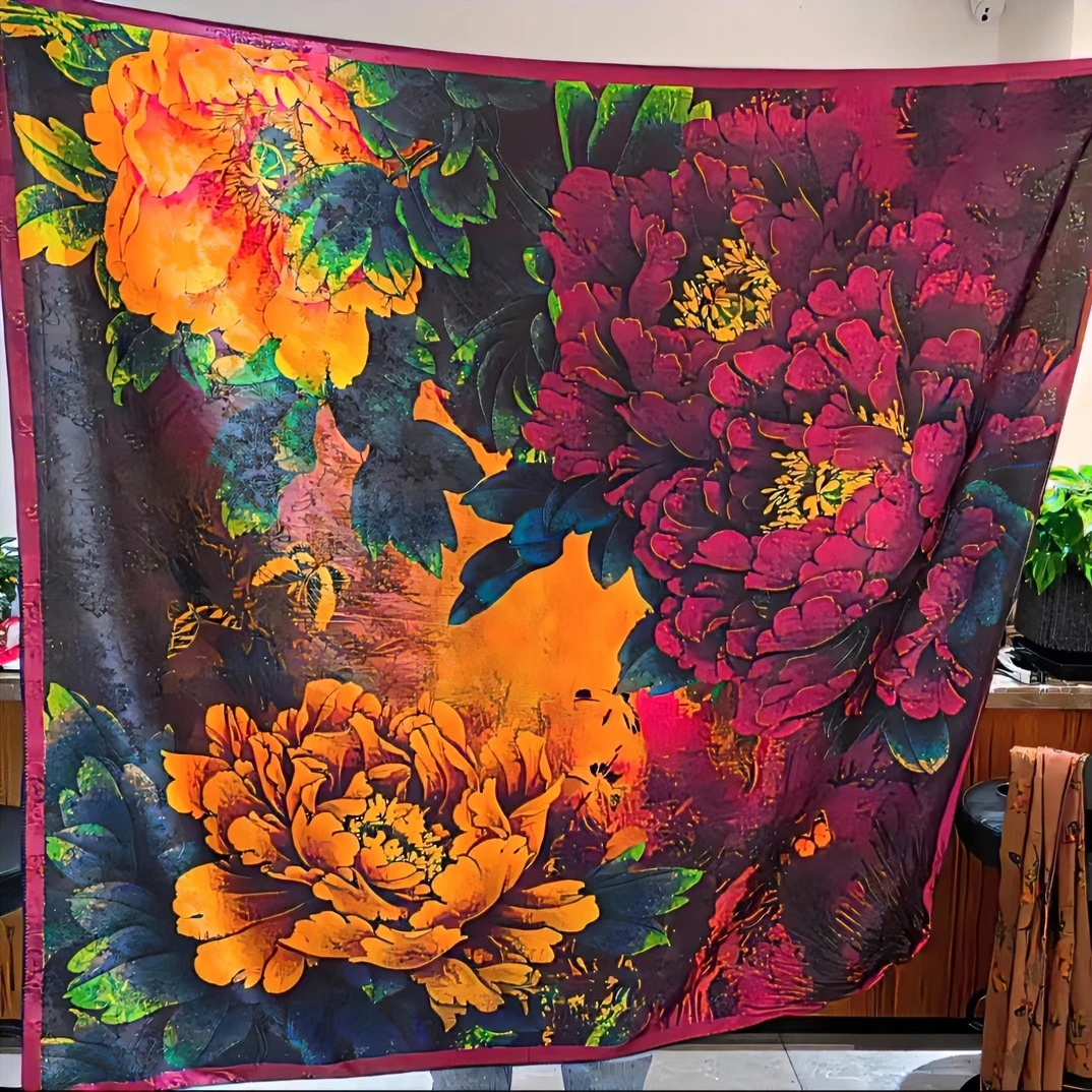 【姚黄魏紫】香云花萝围巾双面提花手工卷边135CM方巾气质披肩