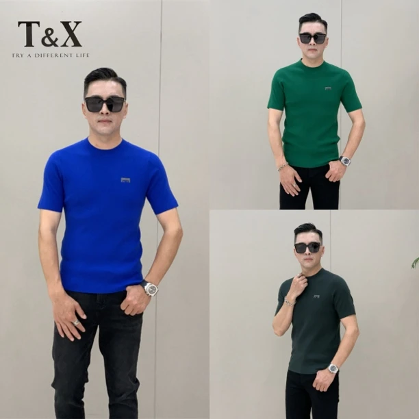 T&X/梯形秋季新款男士圆领六色休闲时尚修身纯色轻奢针织半袖0054