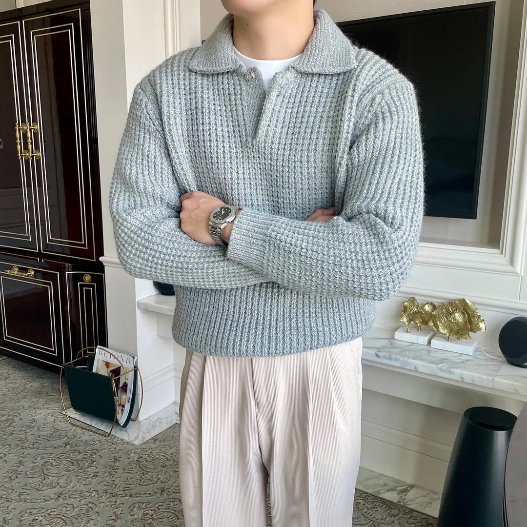 高端粗线毛衣男款冬季美式复古翻领polo提花加厚保暖针织衫男上衣