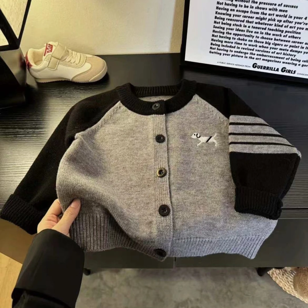 男童毛衣小狗2025拼色开衫秋季儿童童装韩版毛衣外套针织衫外套潮