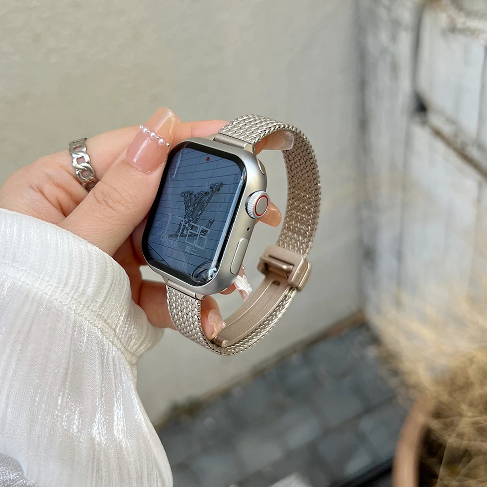 适用iwatch麦穗纹不锈钢表带新款苹果S9金属s8高级感se细款41mm夏