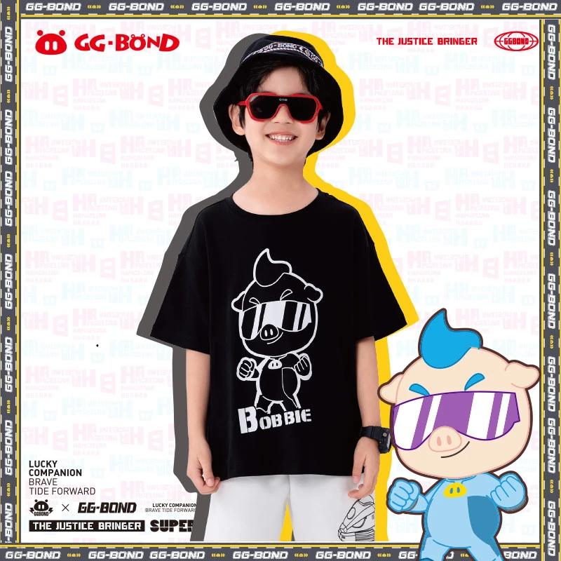 猪猪侠GGBOND超人强圆领运动中大童短袖T恤纯棉夏季儿童男女童