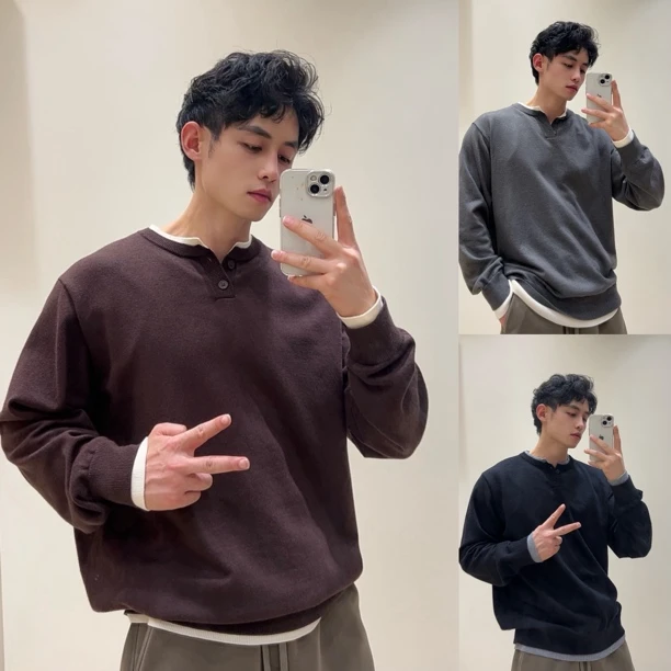 简约亨利领假两件男士针织毛衣秋冬宽松保暖日系风套头上衣男