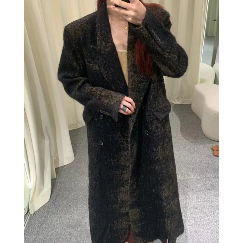 设计师重工羊毛纱线黑金大中长款时尚风衣女士气质外套大衣