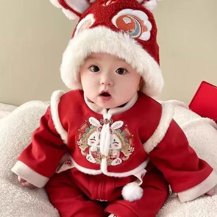 X【优选】婴儿冬季前途似锦兔加棉加厚连体红色喜庆拜年爬服哈衣ly