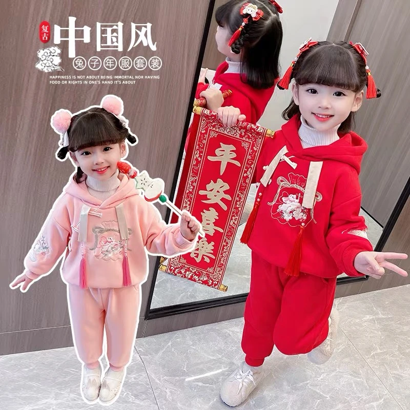新款女童加绒加棉国风拜年冬装套装加绒卫衣儿童新年套装W-B-E25