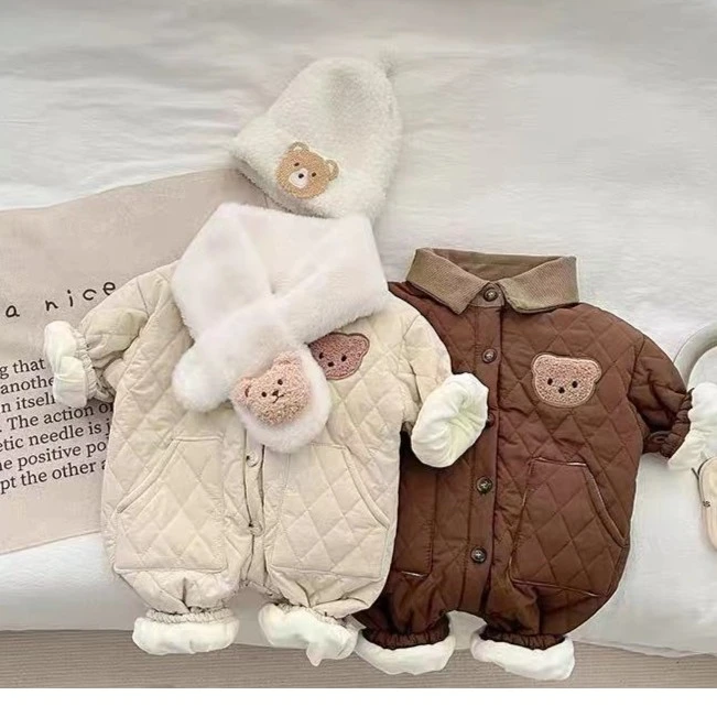 G【优选】婴幼儿简约洋气保暖夹棉爬服秋冬加厚新款宝宝翻领连体WX
