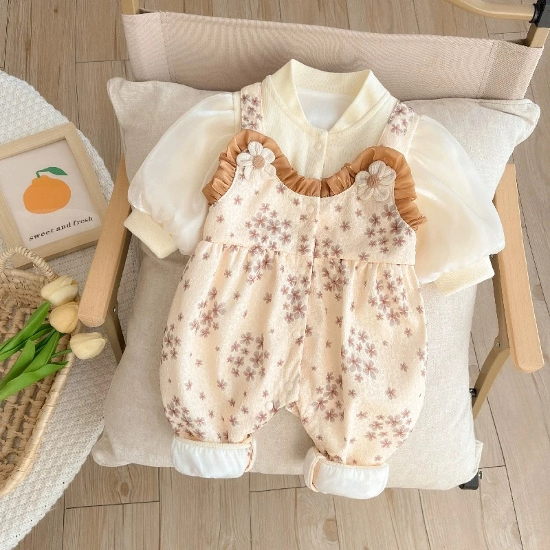 X【优选】春秋款洋气假两件满印碎花捏皱花边纱袖连体衣长爬zm