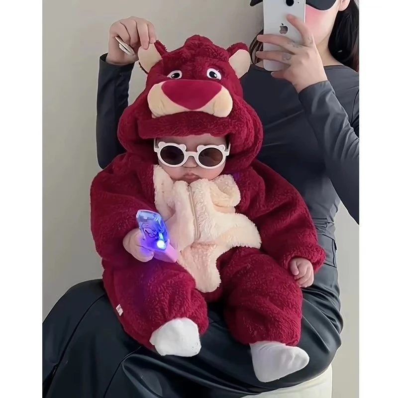 X【优选]网红超萌婴儿服秋冬季加绒连体衣洋气保暖哈衣草莓熊LY