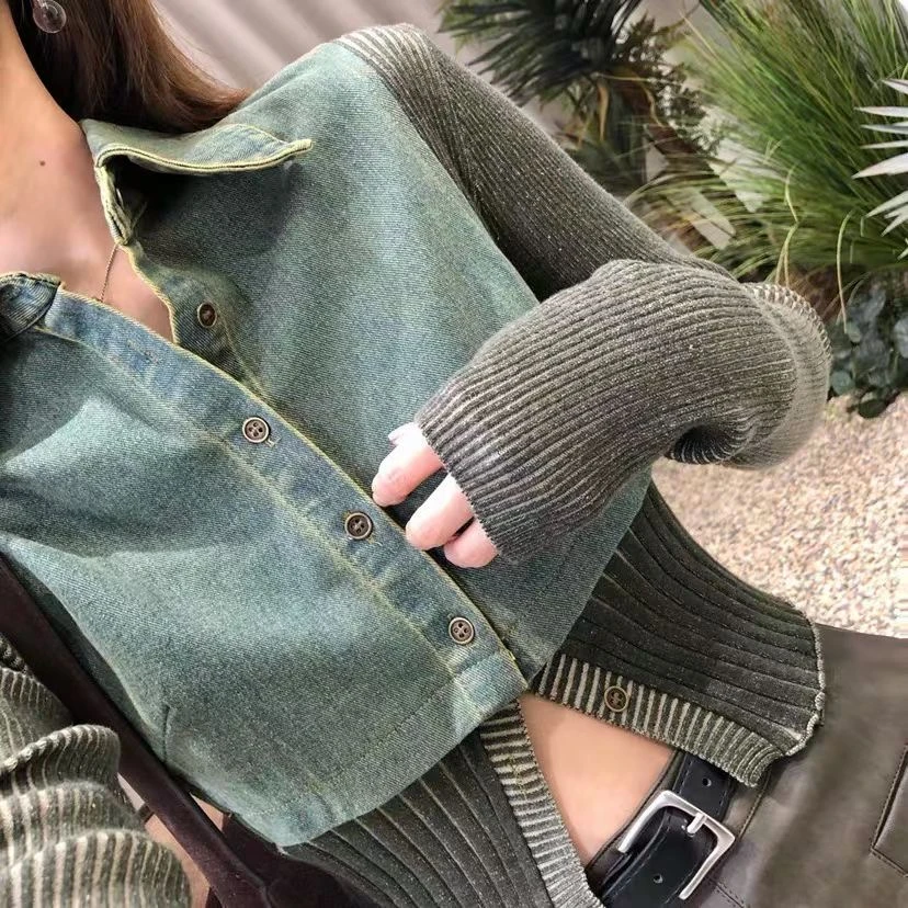 小众设计师品牌 秋季新款修身毛衣牛仔上衣  针织拼接牛仔外套女