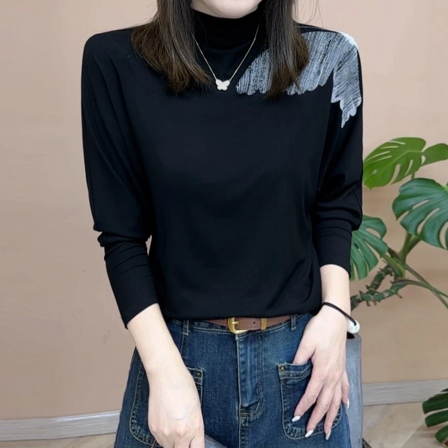 2025春秋新品时尚洋气百搭气质休闲显瘦长袖半高领打底衫女士上衣