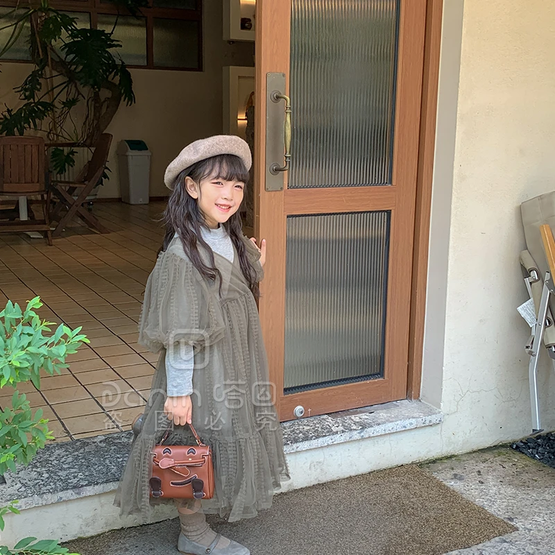 【嗒囜】223002 女童花边网纱两件套灯笼长袖纯色长款连衣裙 秋冬