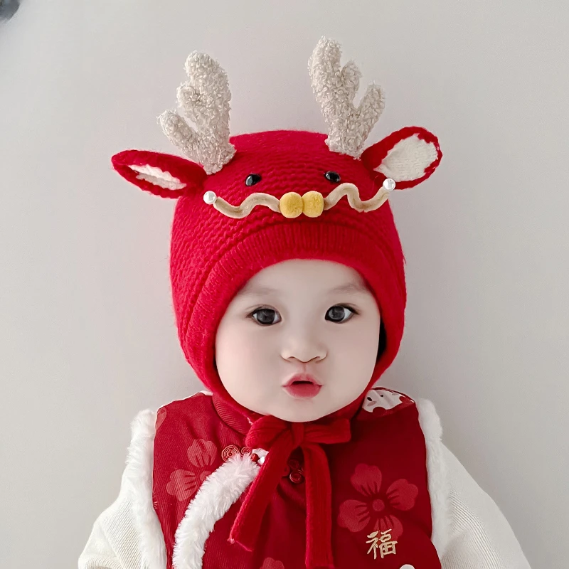 女婴儿帽子秋冬超萌卡通护耳帽红色保暖龙宝宝冬季过年儿童毛线帽