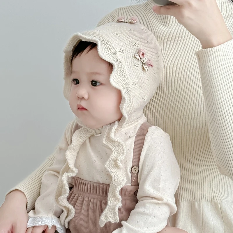 婴儿帽子秋冬季公主可爱花边女童针织帽小月龄宝宝保暖防风护耳帽