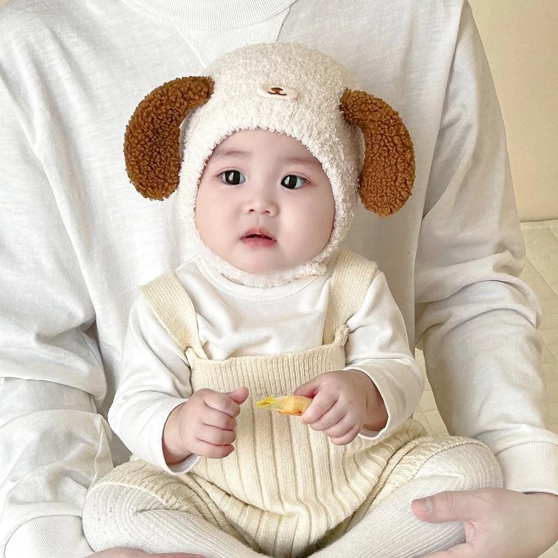 韩国婴儿帽子秋冬季可爱小狗男童毛绒套头帽保暖防风女宝宝护耳帽