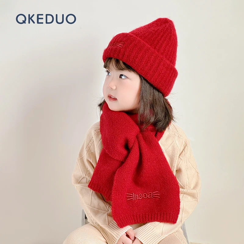 秋冬儿童围巾帽子两件套装红色新年圣诞可爱围脖女孩保暖毛线帽子