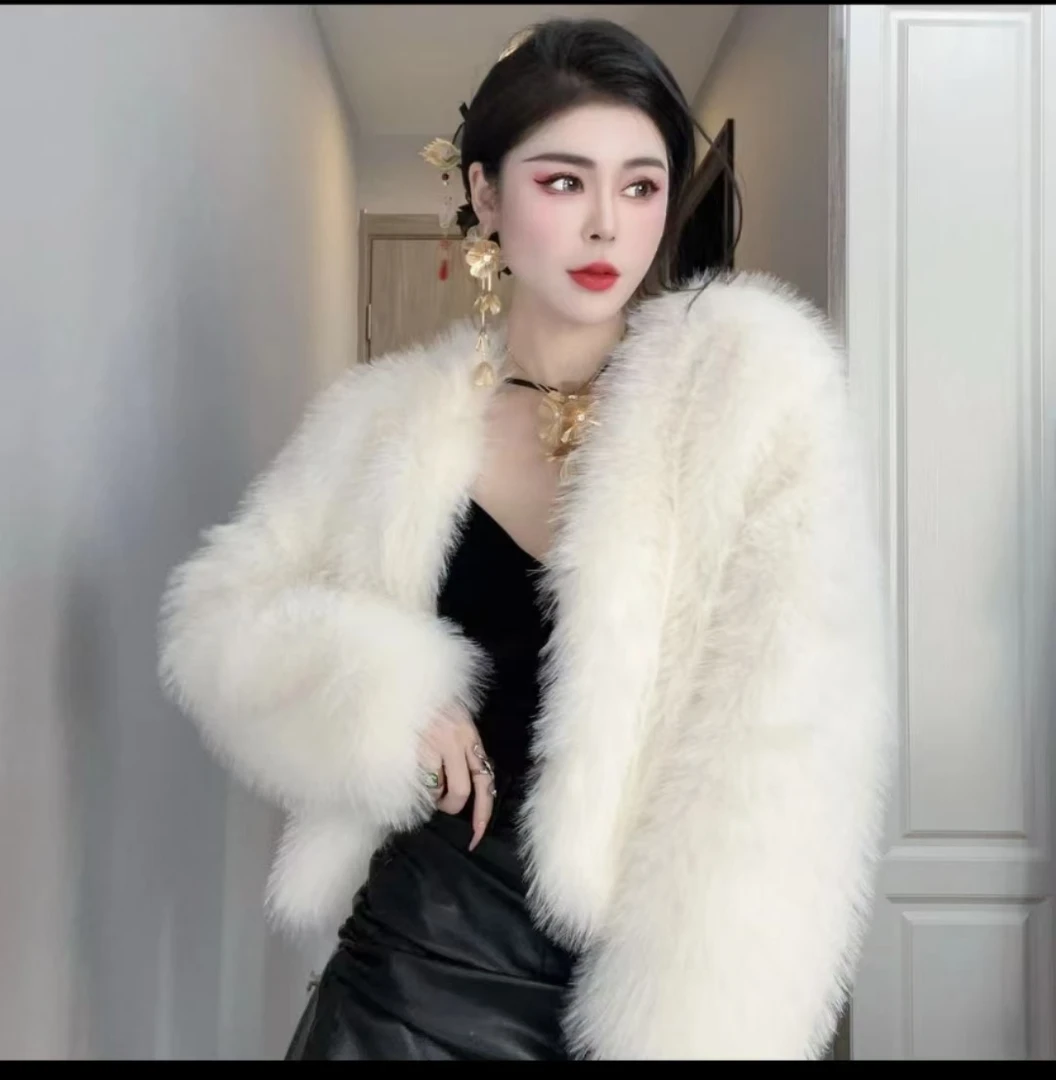 黑色毛毛外套女冬新款立领环保皮草毛毛高级感星河璀璨