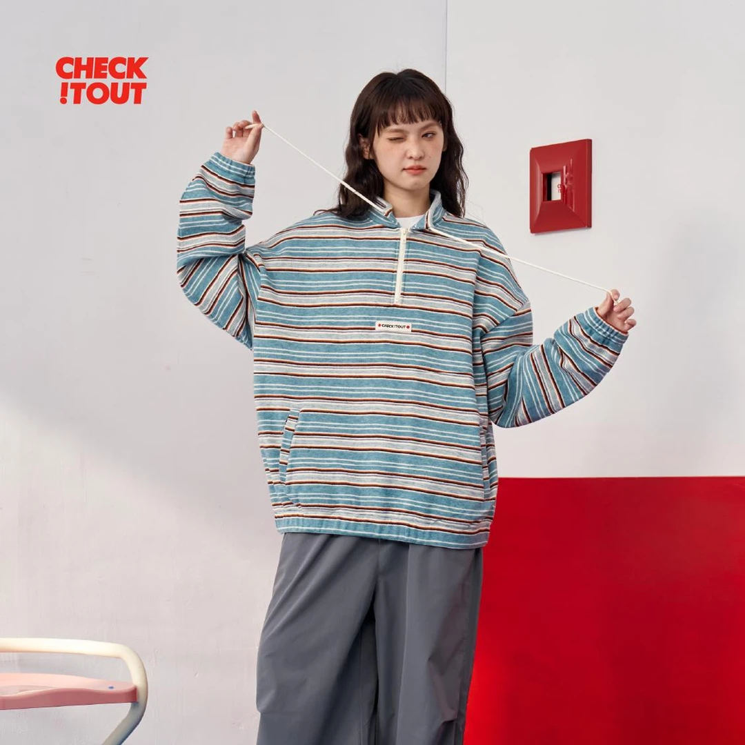 CHECKITOUT阑风2024新品休闲日系条纹加厚卫衣长袖秋冬保暖情侣