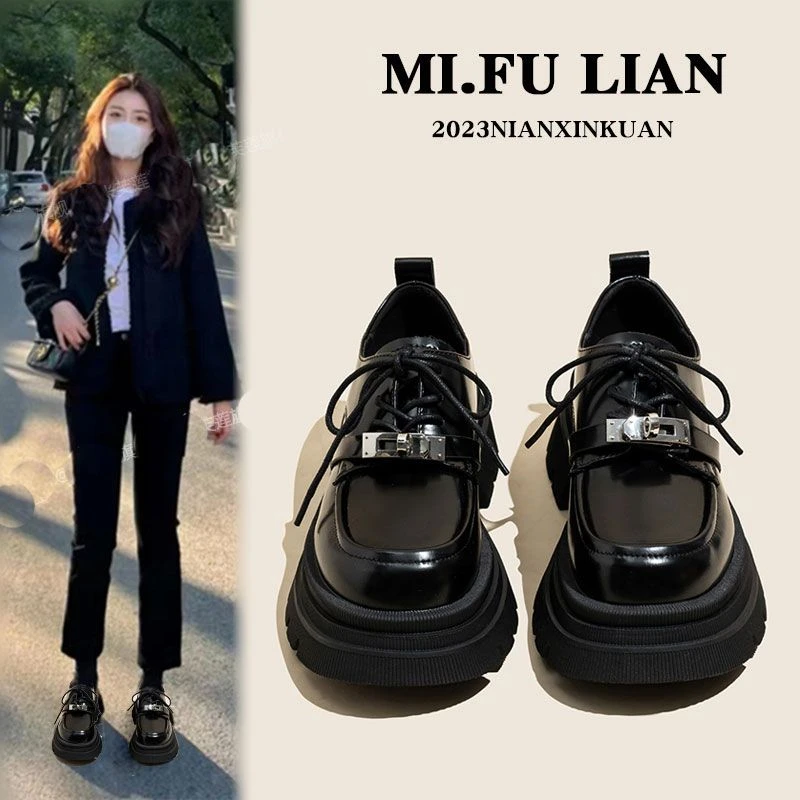 厚底小皮鞋女英伦风2024年新款圆头乐福鞋女百搭黑色系带单鞋子女
