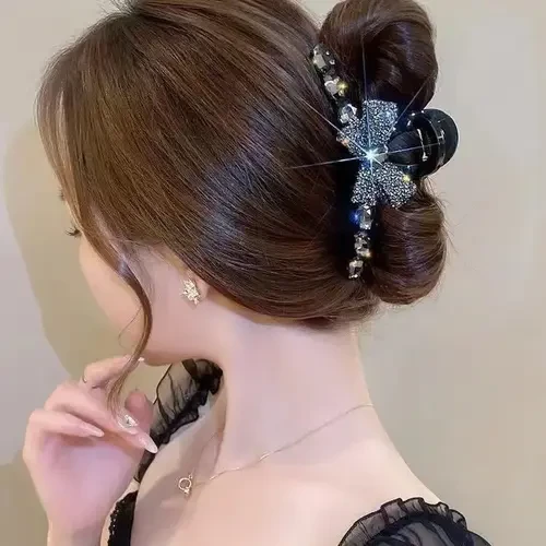 网红爆款甜美洋气满钻蝴蝶结抓夹简约领结后脑勺鲨鱼夹高级感发夹