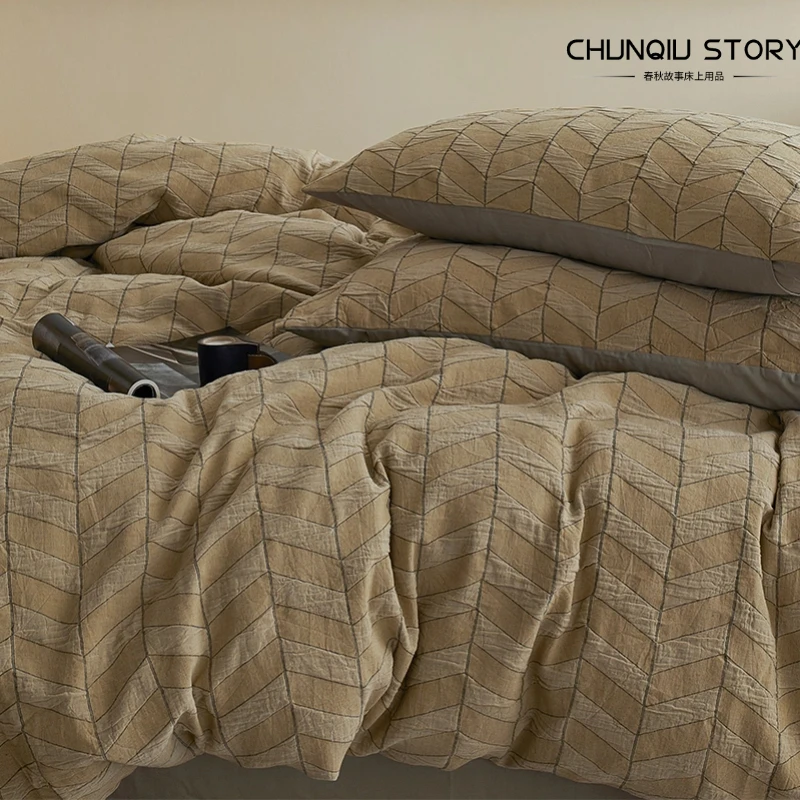 春秋故事新款日系侘寂风肌理全棉提花四件套美式高级感秋冬季床品