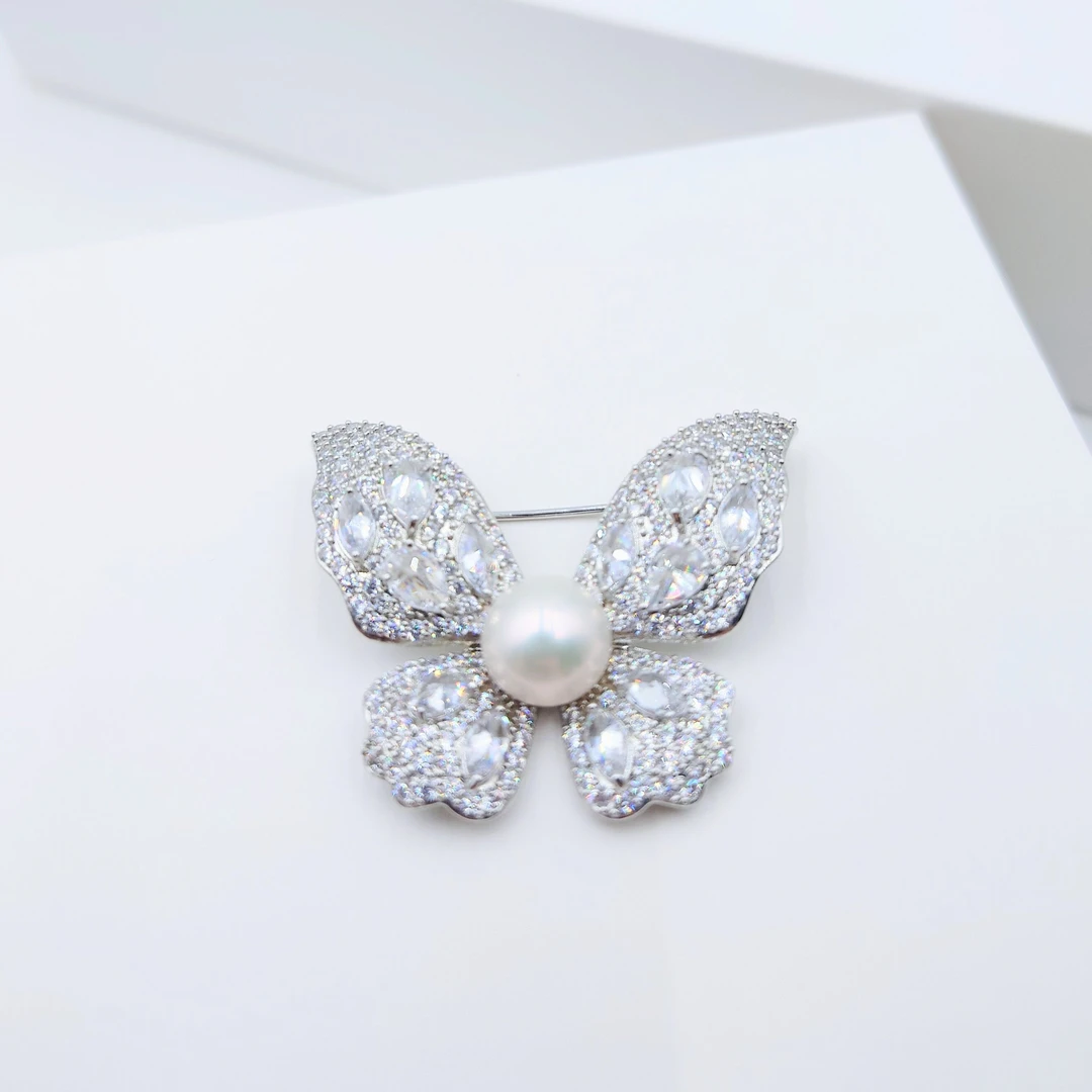 【白银羽翼】淡水无核珍珠蝴蝶胸针设计款9-10mmY