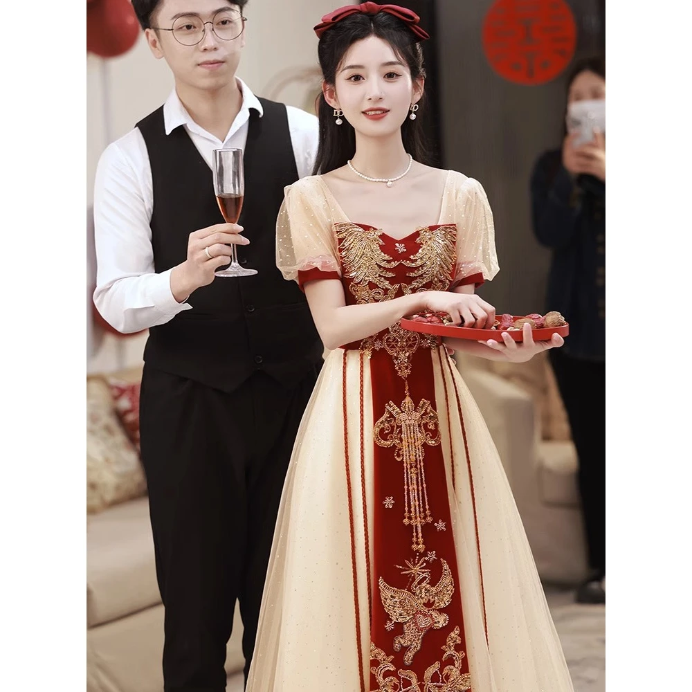 高级感敬酒服新娘中国风订婚礼服连衣裙香槟色回门服网纱2024新款