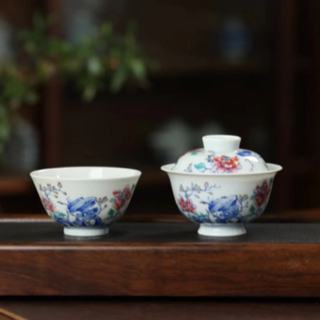 景德镇手工手绘九石堂斗彩洞石牡丹盖碗