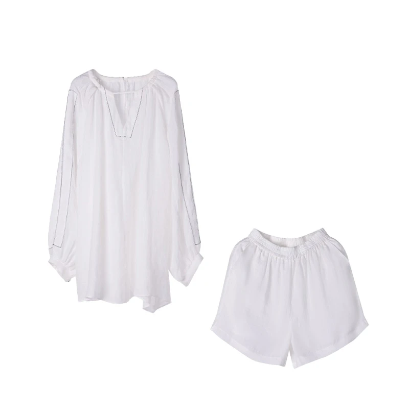 【5/10上新】你的呵呵Scarlett  慵懒风灯笼袖亚麻短裤两件套套装