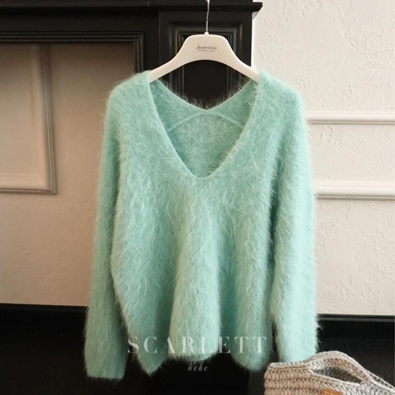 你的呵呵 秋冬阔版毛绒绒长毛慵懒风V领显瘦套头毛衣