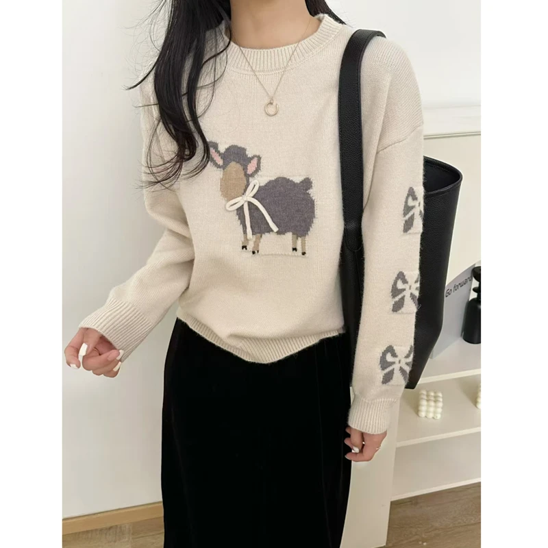 秋冬蝴蝶结卡通毛衣女款2024新款冬季加厚打底针织衫上衣时尚洋气