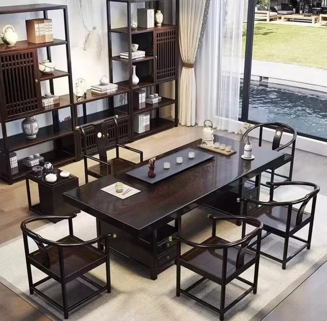 新中式黑檀木办公实木大板茶桌禅意泡茶台茶桌椅组合