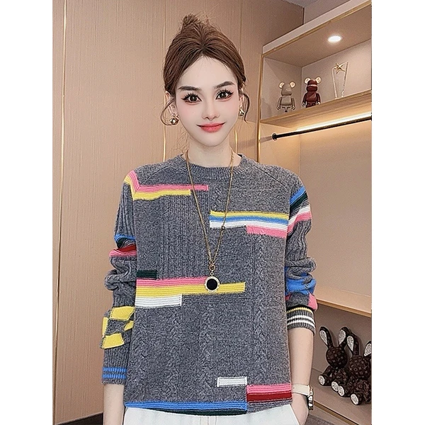 【不可机洗】秋冬100纯羊毛时尚百搭宽松显瘦撞色圆领长袖针织衫女