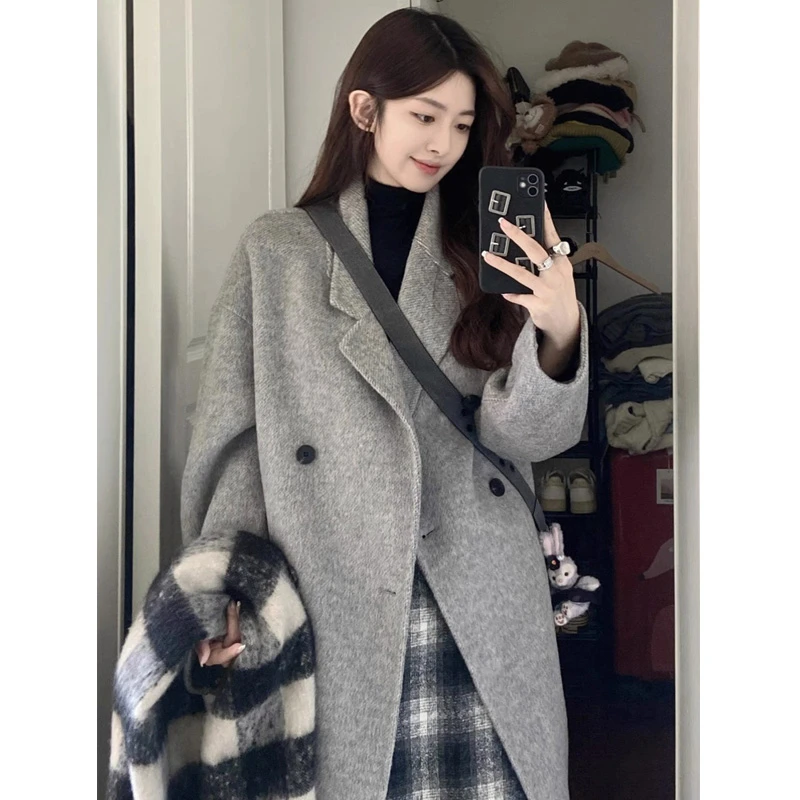 灰色双面呢子大衣女2025年新款爆款秋冬高级感百搭小个子毛呢外套