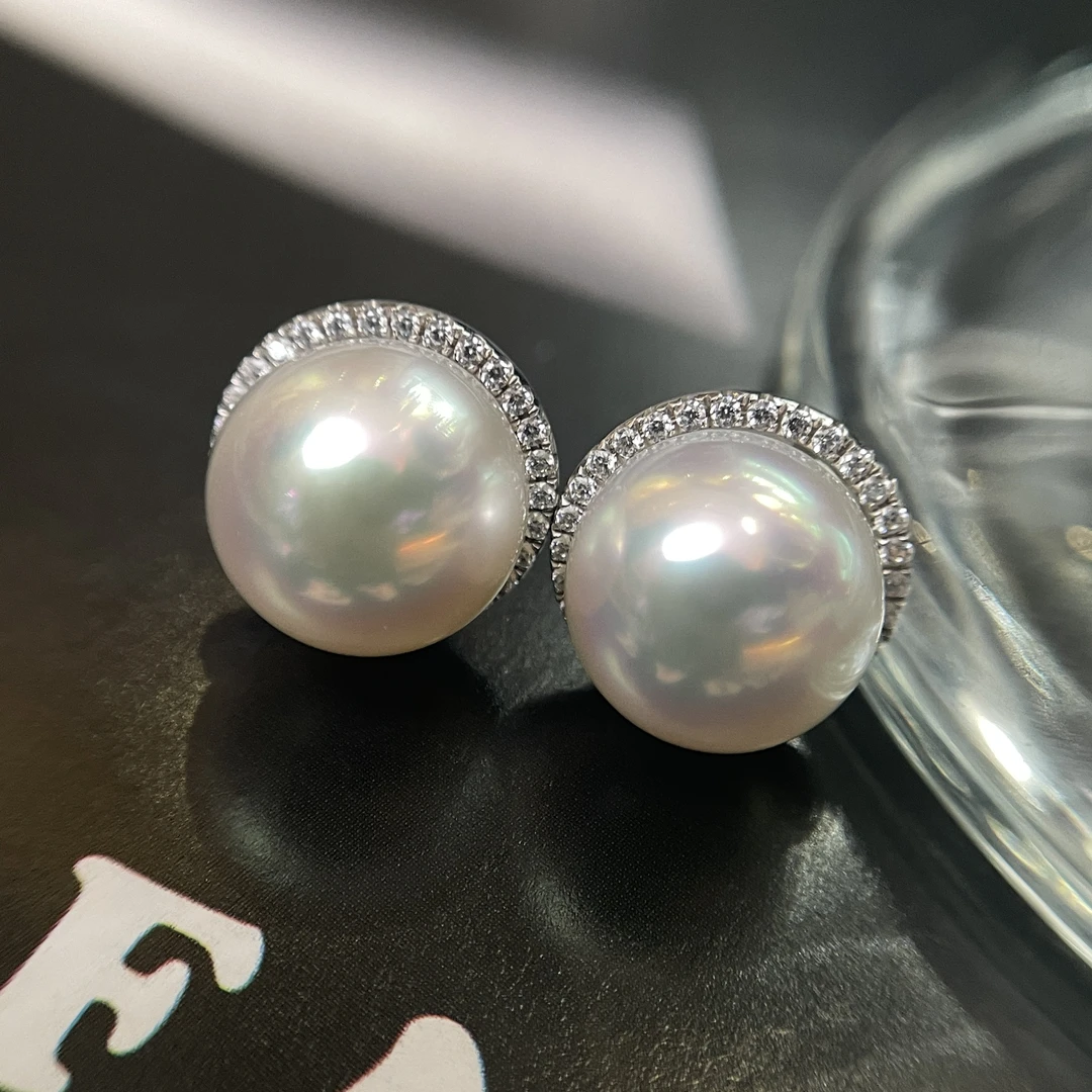 儒尚珠宝海水珍珠澳白18k金耳钉10-11mm 正圆 微瑕 宝石珠光