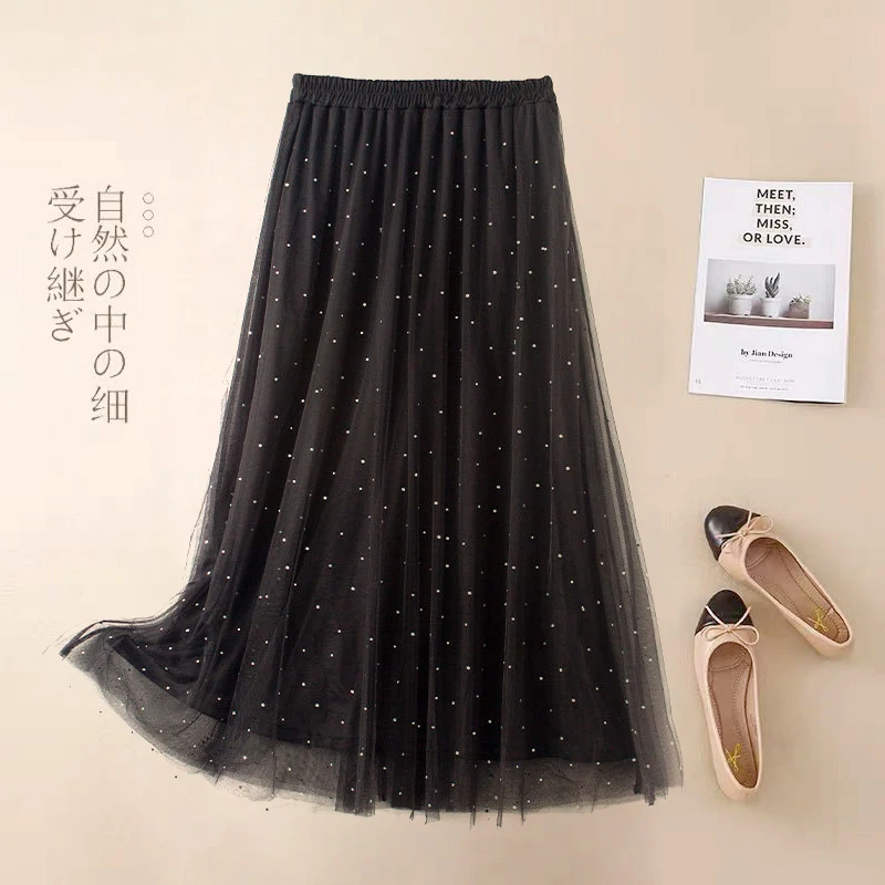 2层纱+内衬 女士网纱半身裙亮片A字裙遮胯显瘦CC690优雅时尚