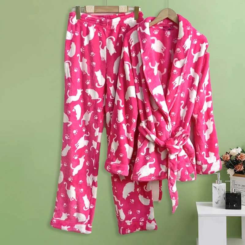 CC660 睡衣睡裤 女士法兰绒长袖长裤家居套装 睡袍浴袍式 双面绒