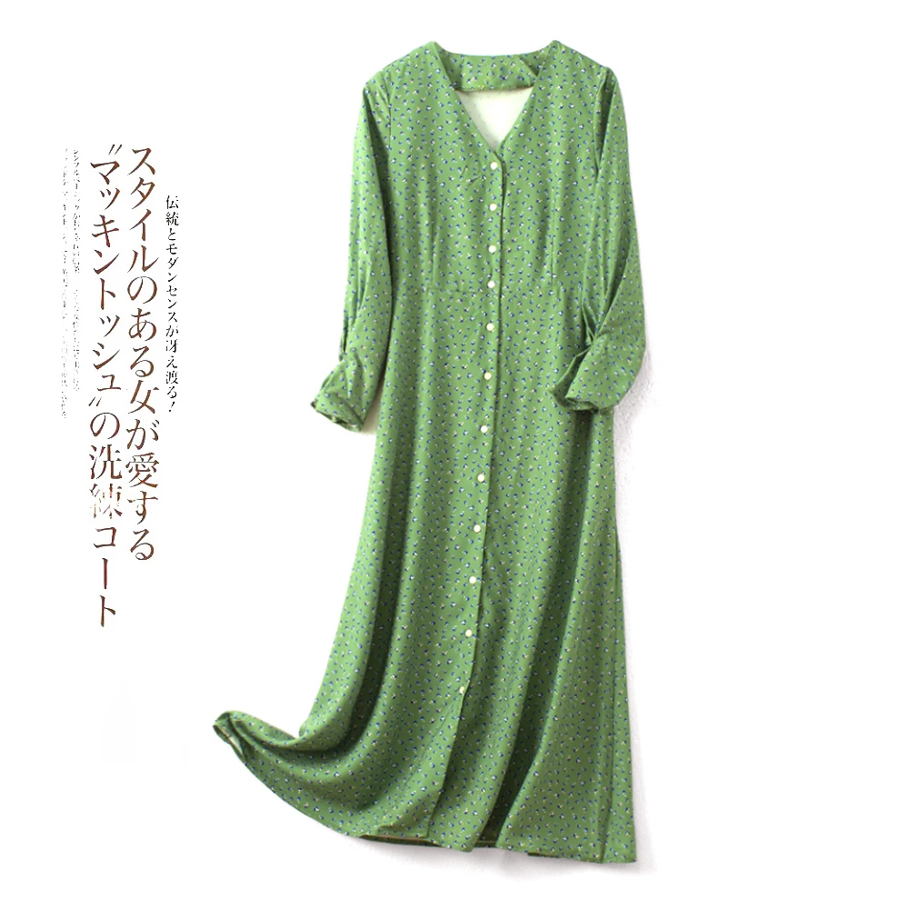 春季新款花裙子女士V领开衫长袖连衣裙宽松显瘦AA495通勤风