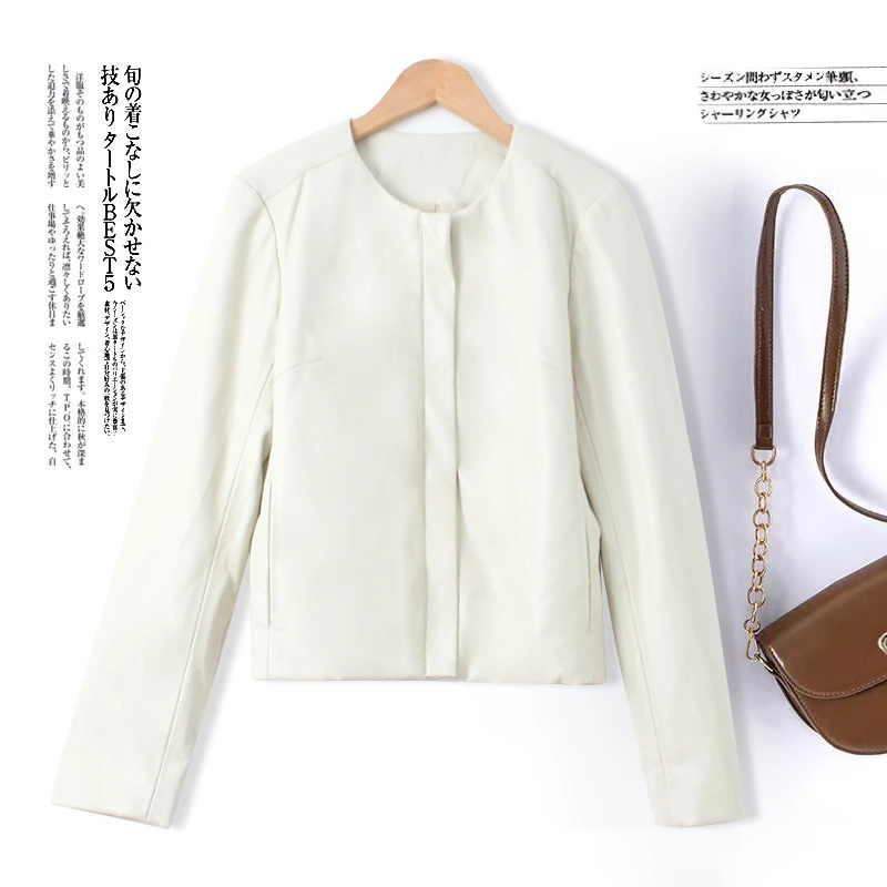 春季新款女士气质圆领皮衣长袖短外套时尚高级AA501简约百搭